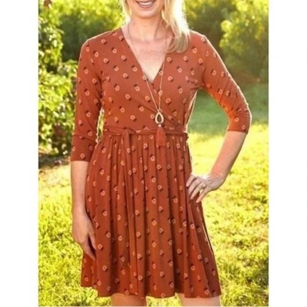 Matilda Jane Isn't It Lovely Faux Wrap Dress Sz L Rust Pink Floral Cottagecore
